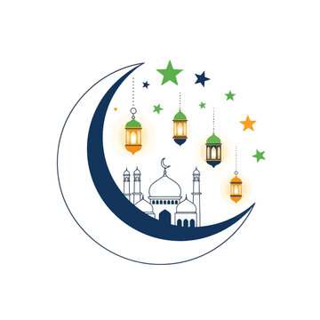 Ramadan Kareem, Islamic Mosque and Crescent Moon with hanging lanterns and stars