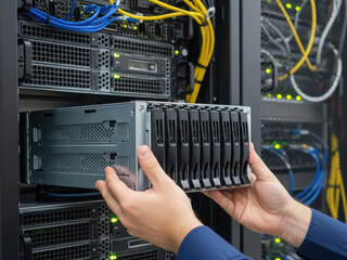 Data center technician handling server drives