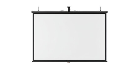 Blank white motorized projection screen with a black border isolated on a transparent background with vast copy space. Concept for commercial presentation
