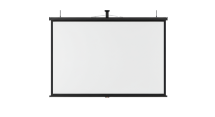 Blank white motorized projection screen with a black border isolated on a transparent background with vast copy space. Concept for commercial presentation
