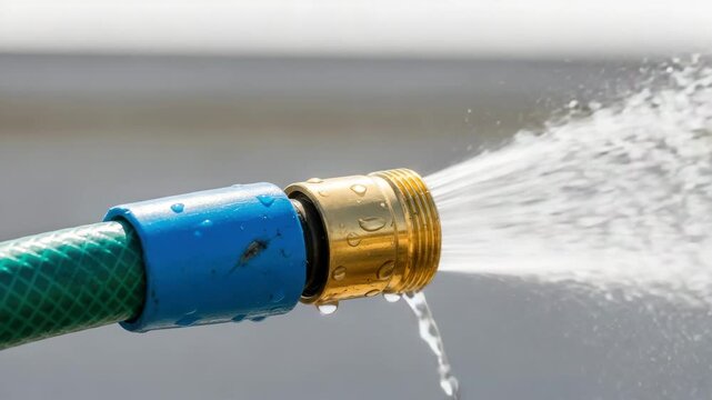Water Conservation: Close-up of Water Spraying from a Green Garden Hose with Brass Nozzle.