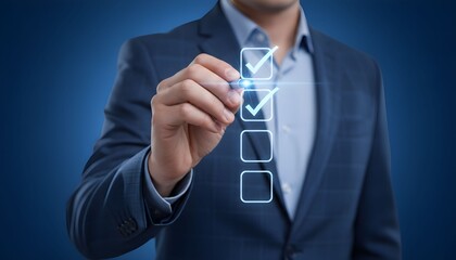 Businessman checks boxes on digital checklist with pen