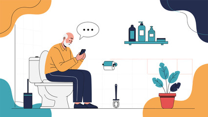 Fototapeta premium Senior man sitting on a toilet in a modern bathroom while focused on reading or sending messages using his mobile smartphone during his routine.