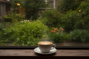 Cappuccino on Window Sill with Rainy Garden Background