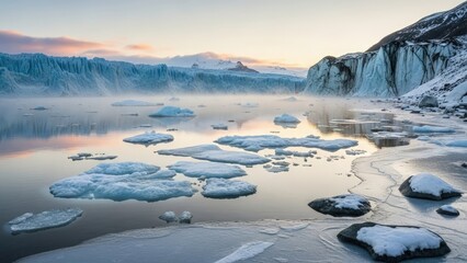 Frozen lake with icebergs and snow covered mountains at sunrise or sunset with cold