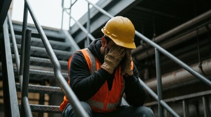 Stressed male construction worker sitting on industrial stairs, covering face with gloved hands, workplace mental health and occupational burnout concept
