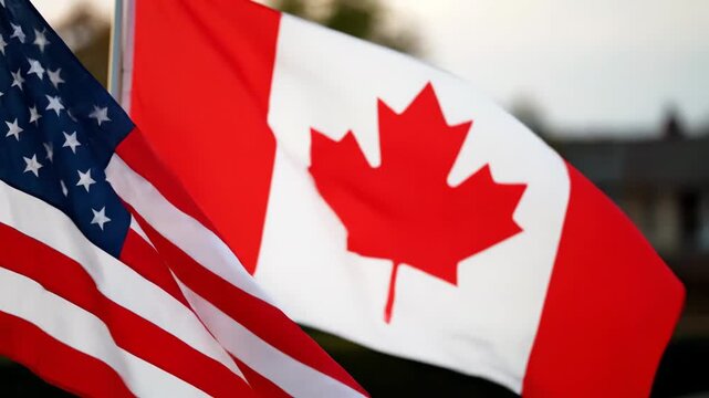 Patriotic display of American and Canadian flags waving in the breeze