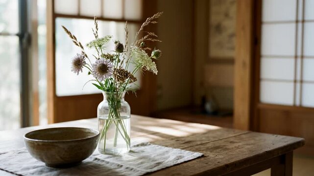 A tranquil floral still life graces a rustic wooden table, with delicate wildflowers and greenery in a glass vase, capturing a sense of peace and natural beauty within a sunlit interior.