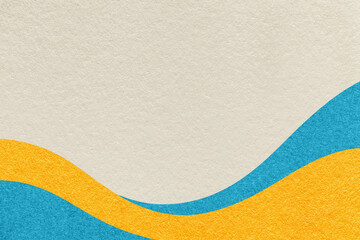 Textured light beige paper background with turquoise and yellow wavy lines and waves, copy space for banner, presentation