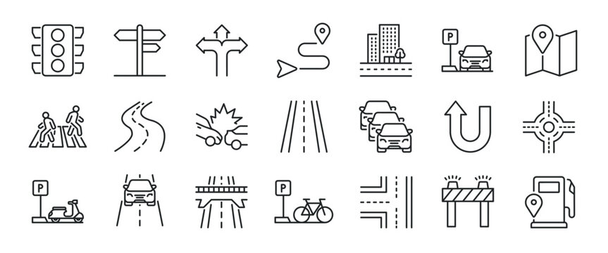 Traffic and Road thin line icons. Editable stroke. Icon for design infographic, website, banner, brochure, presentation, logo, app, ui, ux etc. Vector illustration