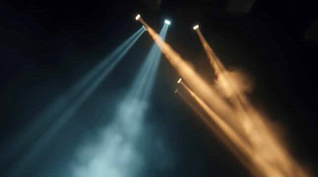 Stage lighting with smoke and beams in a dark room. - Powered by Adobe