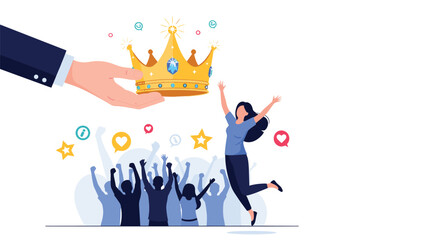 Achievement and victory concept showing a giant hand presenting a golden crown to a joyful woman celebrating with a crowd of people.