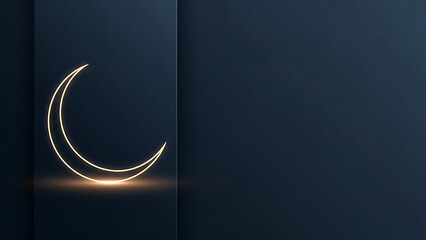 Modern abstract background featuring a glowing golden crescent moon outline against a luxurious, deep navy backdrop