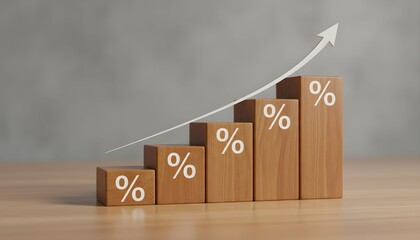 A growing trend is shown in a bar chart with percentage signs on wooden blocks on a table.