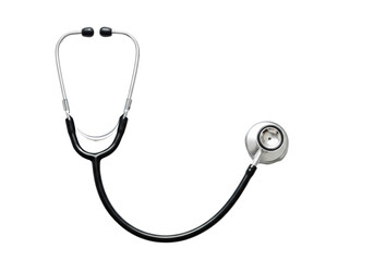 A professional acoustic stethoscope with silver chrome chest piece, isolated in a flat lay on a transparent background with copy space. Concept of healthcare and medical diagnosis