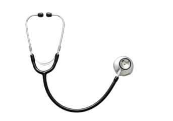 A professional acoustic stethoscope with silver chrome chest piece, isolated in a flat lay on a transparent background with copy space. Concept of healthcare and medical diagnosis