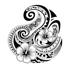 Black and white tribal tattoo design with hibiscus flowers and swirling patterns © ariyan