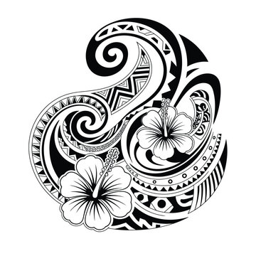 Black and white tribal tattoo design with hibiscus flowers and swirling patterns