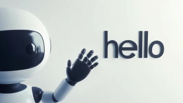 A friendly robot waves, greeting viewers with a welcoming gesture. The word "hello" appears, symbolizing digital communication and AI.