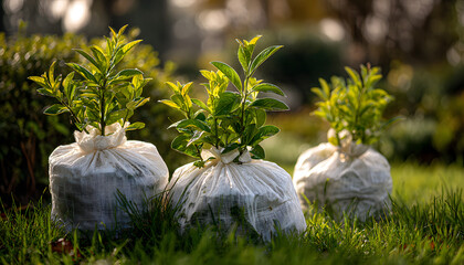 Three young green plants covered with white protective fabric bags on lawn. Yard garden home protection from frost and cold weather. Small bushes stay safe outdoors.