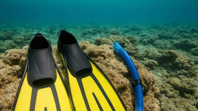 Snorkeling gear rests on vibrant coral in clear blue water. This inviting scene promises an exciting underwater adventure.