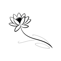 Simple line drawing of a lotus flower on a stem with leaf