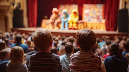 Children are captivated by a live stage performance, enjoying the vibrant characters and engaging show in a classic auditorium. Excitement fills the air.