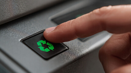 Close-up of a person's finger pressing a black button with a green recycle symbol on a gray metallic surface, emphasizing environmental consciousness.