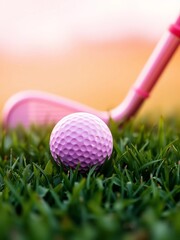 Pink golf ball on lush green grass with club behind, celebrating women's golf,  sports,  fairway