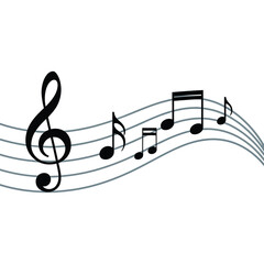 Black musical notes on flowing staff lines on white background