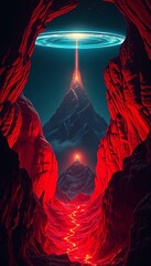 Crimson shelter, stark peaks, celestial fire A lone beacon against the void, bathed in an alien glow Chiaroscuro drama ,  dutch angle,  silhouette