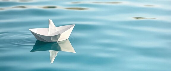 A small, pristine white paper boat floats on calm water,  voyage,  handmade