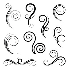 Collection of black swirling curly flourishes and decorative elements