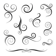 Black swirling curls and flourishes on white background decorative elements