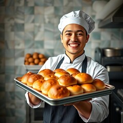 Smiling chef holds a tray of warm rolls, highlighting a passion for baking and food production,  kitchen,  shop