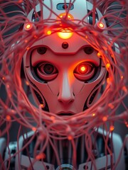 Mysterious automaton's gaze pierces wire-woven enigma, bathed in ethereal, soft hues, a portal to unknown realms,  dreamlike,  modern