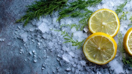 Lemon slices on ice with green herbs and a textured background