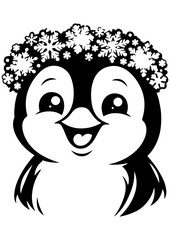 Fototapeta premium Cute black and white penguin portrait with snowflakes vector for engrave laser and winter decor