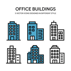 Modern office buildings in various architectural styles and colors