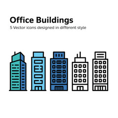 Office buildings vector icons in different styles and colors