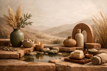 A serene desert oasis with a small pool and spa products