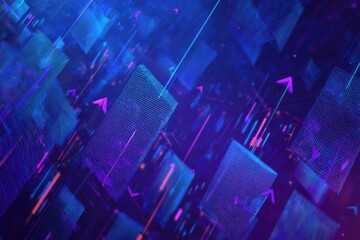 Abstract digital design featuring floating, illuminated geometric shapes with ascending arrows