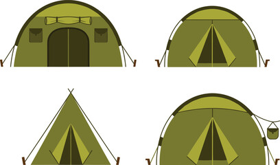 Camping tent vector set with different outdoor shelter designs military and travel equipment isolated on white © MstTanzila