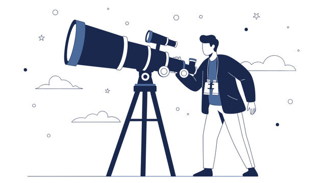 Man Looking Through Telescope Observational Astronomy And Discovering New Worlds