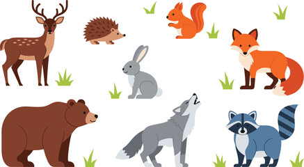 Fototapeta premium Forest animals cartoon vector set with deer bear fox wolf raccoon and rabbit wildlife illustrations isolated