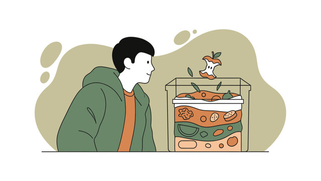 Man Observing Food Waste Decomposition For Sustainable Living And Eco Awareness