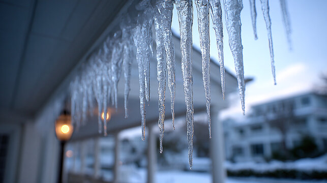 A wintry scene featuring sharp icicles hanging from a roof, capturing the serene beauty of a cold, icy day with a bright light on the porch.