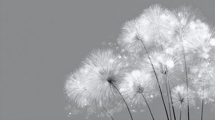 Elegant floral display with ethereal white blossoms on slender stems. Shimmering light adds a magical touch to this monochrome botanical scene.