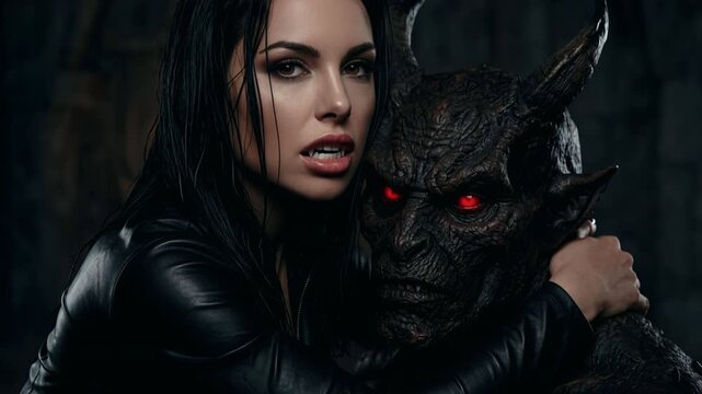 Dark Romance Vampire Woman Embraces Creature Revealing Fangs