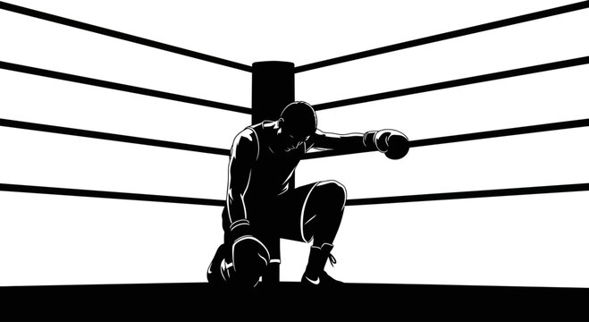 Silhouette of a Boxer Kneeling in a Boxing Ring Corner Exhausted but Determined Dramatic Black and White